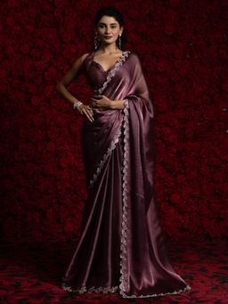 Akhilam - Women Magenta Tissue Embellished Saree with Unstitched Blouse