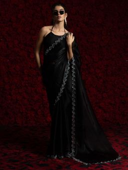 Akhilam - Women Black Tissue Embellished Saree with Unstitched Blouse