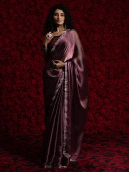 Akhilam - Women Magenta Tissue Embellished Saree with Unstitched Blouse