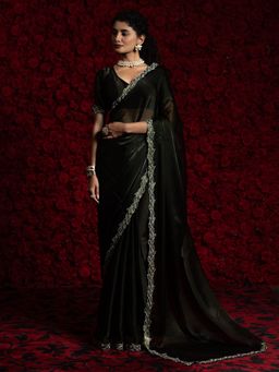 Akhilam - Women Green Tissue Embellished Saree with Unstitched Blouse