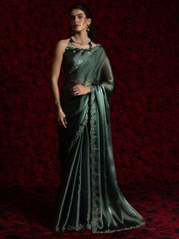 Akhilam - Women Teal Tissue Embellished Saree with Unstitched Blouse
