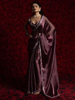 Akhilam - Women Magenta Tissue Embellished Saree with Unstitched Blouse