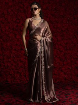 Akhilam - Women Rust Tissue Embellished Saree with Unstitched Blouse