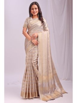 Mysilklove - Lace Cream Woven Organza Saree with Unstitched Blouse