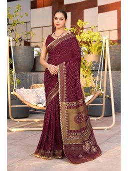 Mysilklove - Carmine Maroon Printed Cotton Saree with Unstitched Blouse