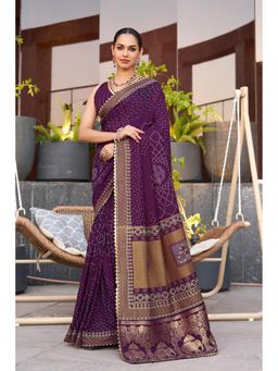 Mysilklove - True Purple Printed Cotton Saree with Unstitched Blouse