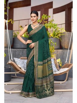 Mysilklove - Forest Green Printed Cotton Saree with Unstitched Blouse