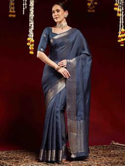 Akhilam - Women Navy Blue Silk Blend Woven Saree with Unstitched Blouse