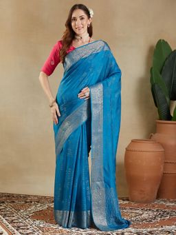 Akhilam - Women Blue Silk Blend Woven Saree with Unstitched Blouse