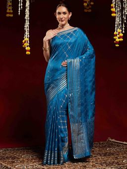Akhilam - Women Blue Silk Blend Woven Saree with Unstitched Blouse