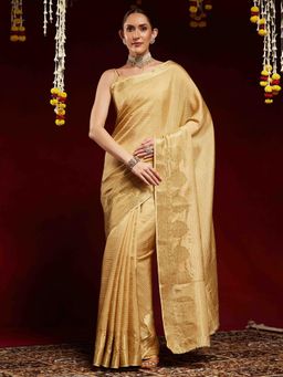 Akhilam - Women Cream Silk Blend Woven Saree with Unstitched Blouse