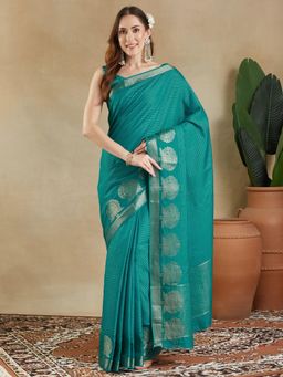 Akhilam - Women Blue Silk Blend Woven Saree with Unstitched Blouse