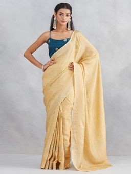 Akhilam - Women Cream Silk Blend Woven Saree with Unstitched Blouse
