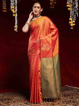 Akhilam - Women Orange Silk Blend Woven Saree with Unstitched Blouse