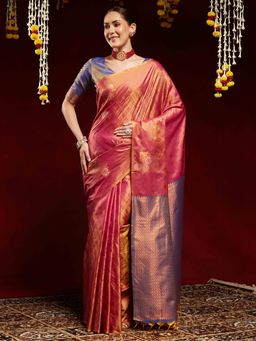 Akhilam - Women Pink Silk Blend Woven Saree with Unstitched Blouse