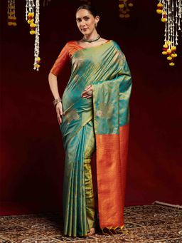 Akhilam - Women Green Silk Blend Woven Saree with Unstitched Blouse