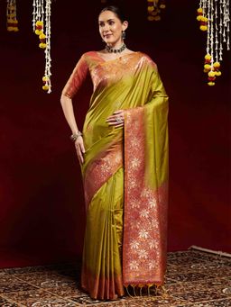 Akhilam - Women Olive Silk Blend Woven Saree with Unstitched Blouse
