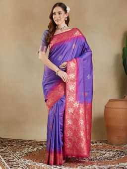Akhilam - Women Purple Silk Blend Woven Saree with Unstitched Blouse