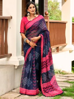 Akhilam - Women Navy Blue Cotton Printed Saree with Unstitched Blouse