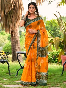 Akhilam - Women Mustard Cotton Printed Saree with Unstitched Blouse