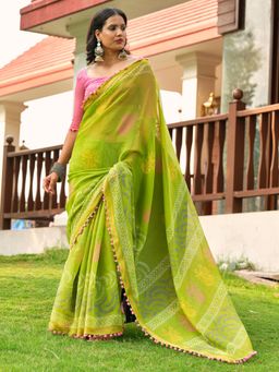 Akhilam - Women Green Cotton Printed Saree with Unstitched Blouse