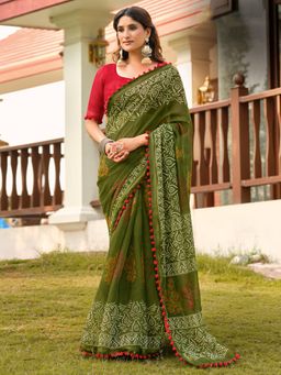Akhilam - Women Green Cotton Printed Saree with Unstitched Blouse