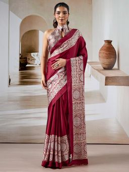 Akhilam - Women Maroon Satin Ethnic Saree with Unstitched Blouse
