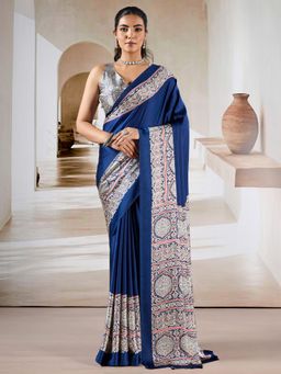 Akhilam - Women Blue Satin Ethnic Saree with Unstitched Blouse