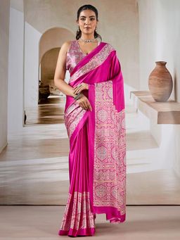 Akhilam - Women Magenta Satin Ethnic Saree with Unstitched Blouse