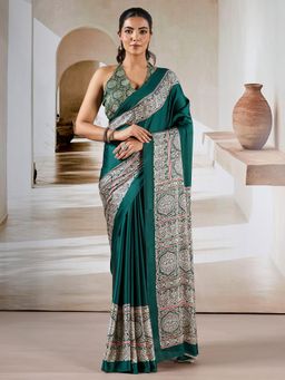 Akhilam - Women Green Satin Ethnic Saree with Unstitched Blouse