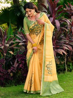 Akhilam - Women Yellow Cotton Blend Geometric Saree with Unstitched Blouse