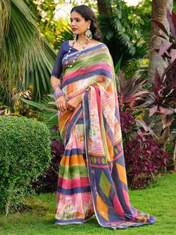 Akhilam - Women Multi-Color Cotton Blend Stripes Saree with Unstitched Blouse