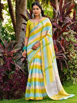Akhilam - Women Multi-Color Cotton Blend Stripes Saree with Unstitched Blouse