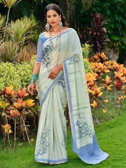 Akhilam - Women Green Cotton Blend Geometric Saree with Unstitched Blouse