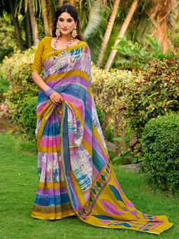 Akhilam - Women Multi-Color Cotton Blend Stripes Saree with Unstitched Blouse