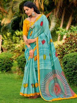 Akhilam - Women Turquoise Cotton Blend Geometric Saree with Unstitched Blouse