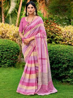Akhilam - Women Pink Cotton Blend Stripes Saree with Unstitched Blouse