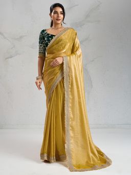 Akhilam - Women Yellow Chiffon Embellished Saree with Unstitched Blouse