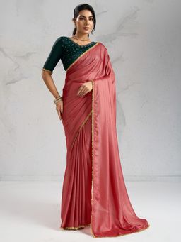 Akhilam - Women Brown Silk Blend Embellished Saree with Unstitched Blouse