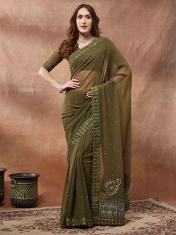 Akhilam - Women Olive Georgette Embellished Saree with Unstitched Blouse