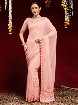 Akhilam - Women Peach Georgette Embellished Saree with Unstitched Blouse