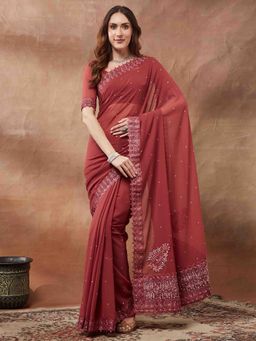 Akhilam - Women Maroon Georgette Embellished Saree with Unstitched Blouse