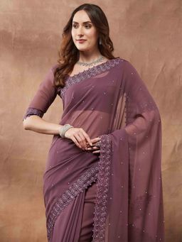 Akhilam - Women Purple Georgette Embellished Saree with Unstitched Blouse