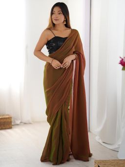 Akhilam - Women Olive Tissue Solid/Plain Saree with Unstitched Blouse
