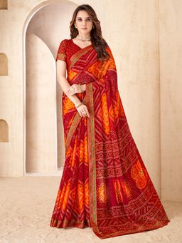 Akhilam - Women Red Chiffon Printed Saree with Unstitched Blouse