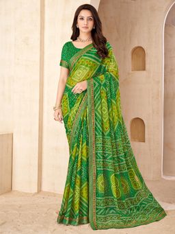 Akhilam - Women Green Chiffon Printed Saree with Unstitched Blouse