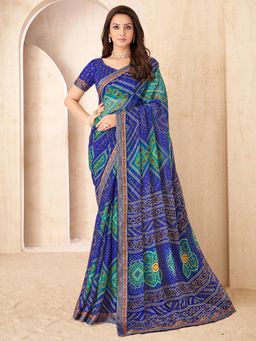 Akhilam - Women Blue Chiffon Printed Saree with Unstitched Blouse