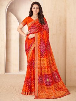Akhilam - Women Orange Chiffon Printed Saree with Unstitched Blouse