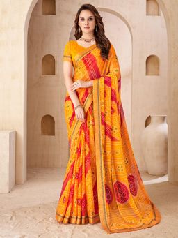 Akhilam - Women Yellow Chiffon Printed Saree with Unstitched Blouse