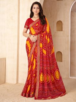 Akhilam - Women Red Chiffon Printed Saree with Unstitched Blouse
